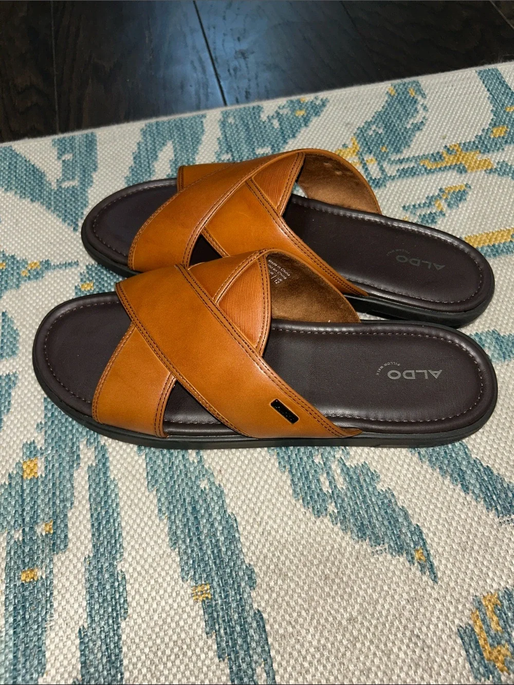 ALDO Men's Brown Leather Cross-Strap Slide Sandals